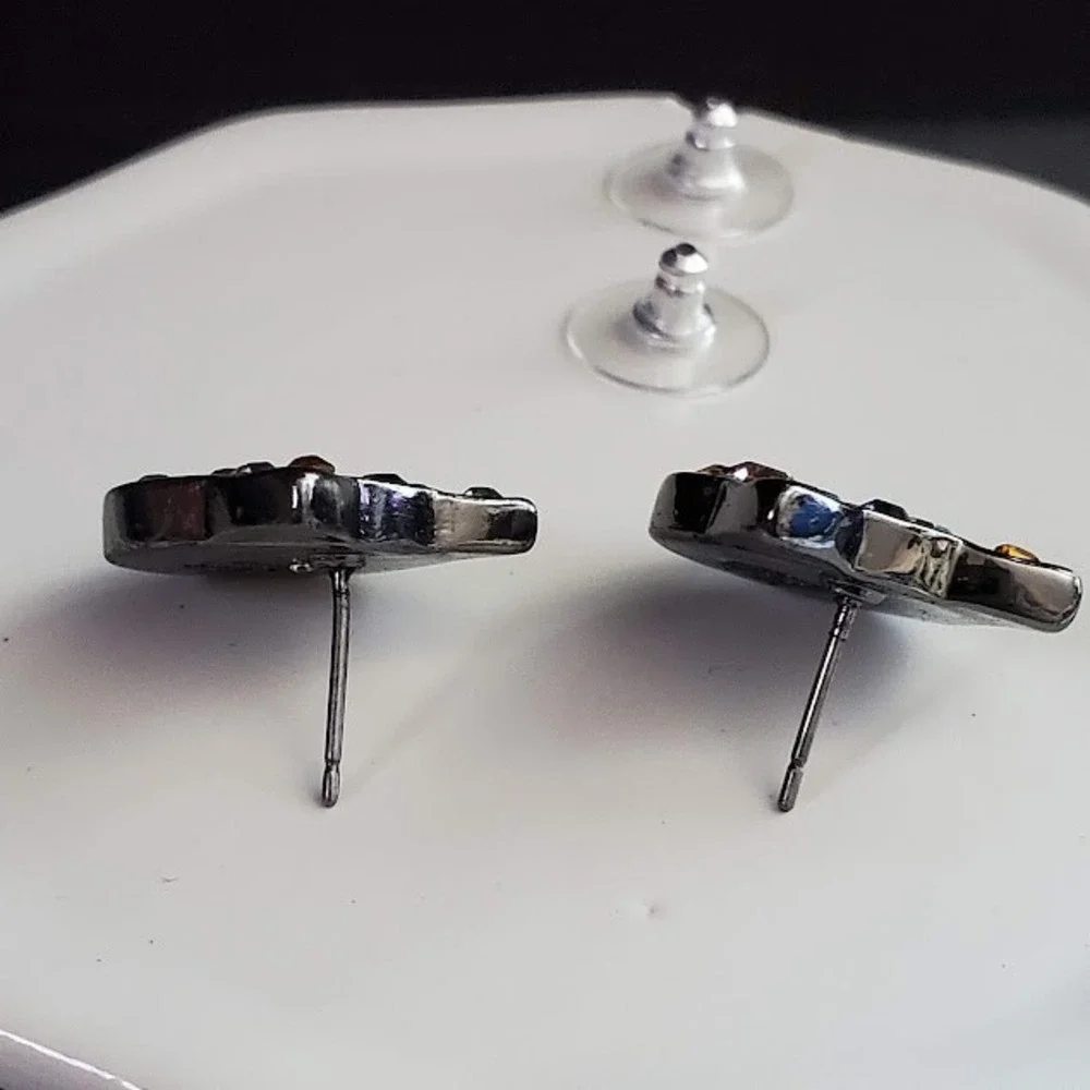 Betsey Johnson Black Cat Stud Earrings Gunmetal Multicolor Crystal Rhinestone BJ